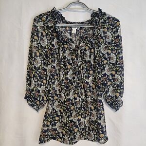 Old Navy Women's Medium Floral Print Blouse - Navy, White, Yellow, Red